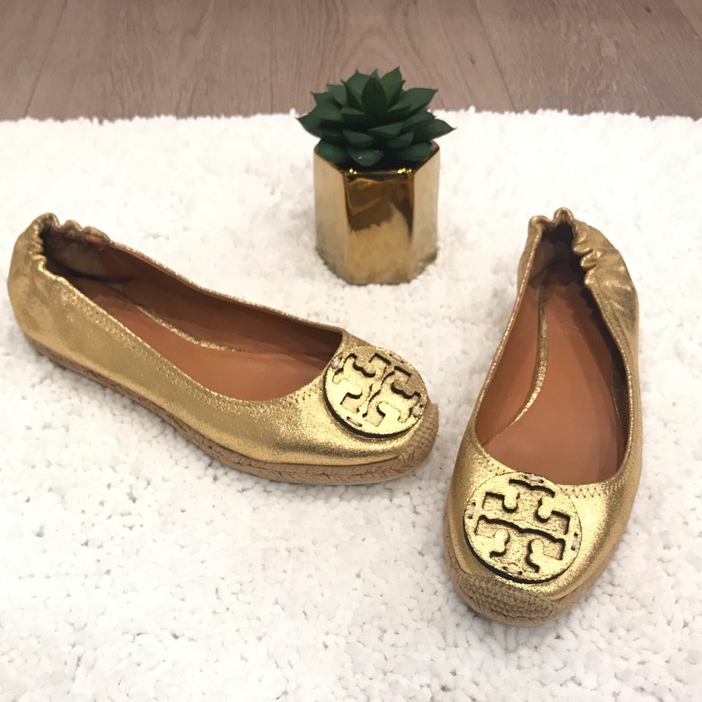 Tory Burch Gold Crackled Espadrille Flats
